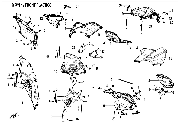 F04‑2-C‑V2 FRONT PLASTICS (7´DASHBOARD, WITH GEARSHIFT LOCK)