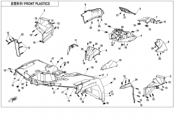 NÁHRADNÉ DIELY CF MOTO X850 - Predné plasty (čierna, camo, oranžová)