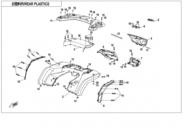 NÁHRADNÉ DIELY CF MOTO X850 - Zadné plasty (čierna, camo, oranžová)