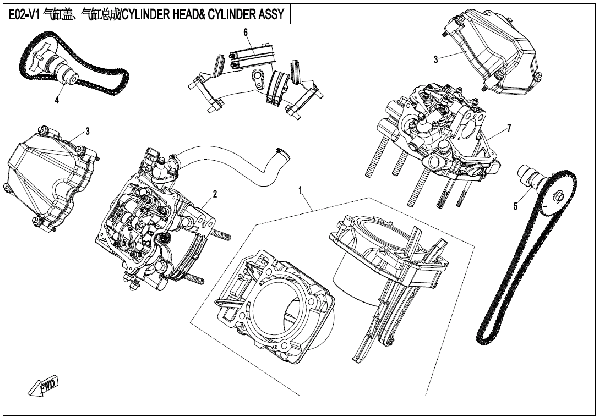 E02‑V1 CYLINDER HEAD AND CYLINDER ASSY.